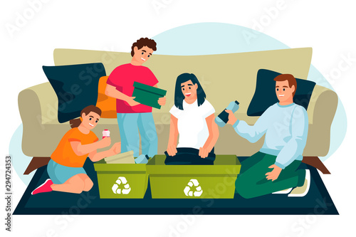 Family sorting segregating waste. Vector flat cartoon illustration. Ecological people lifestyle. Recycling concept.
