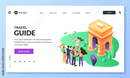 Travel to France, Paris vector 3d isometric illustration. Tourists near the triumphal arch. Landing page banner design