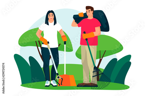 Volunteers clean up plastic trash on city park lawn. Vector flat cartoon illustration. Ecological people lifestyle