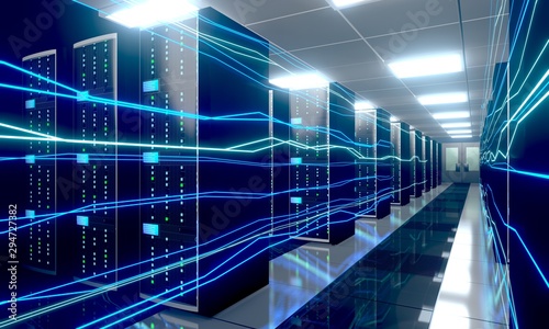 3D server room/ data center - storage, hosting, fast Internet concept