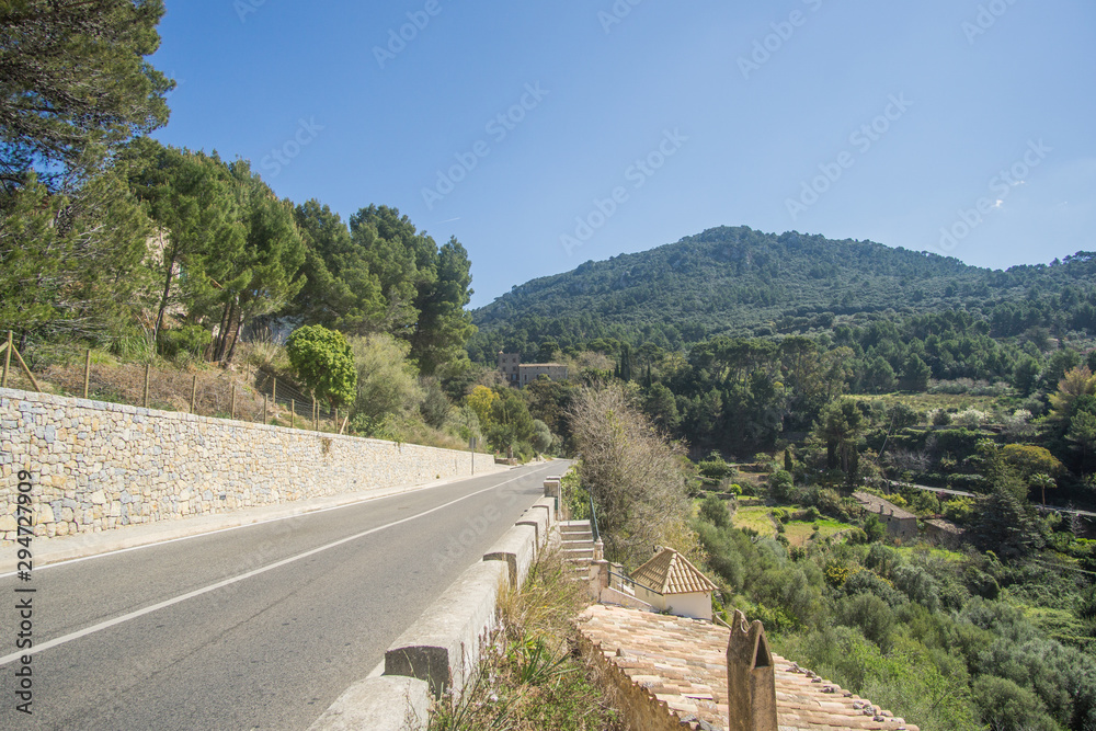A Beautiful greenish mountains view from a nice viewpoint at the village of Valldemossa in Palma de Mallorca Spain. 