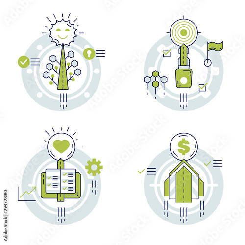 Green business way arrow outline vector illustration. Successful financial road to richness and happiness. Set of monocolor line art icons