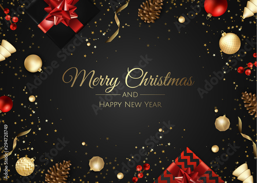 Merry Christmas and Happy New Year. Xmas background with gift box, Snowflakes and balls design.