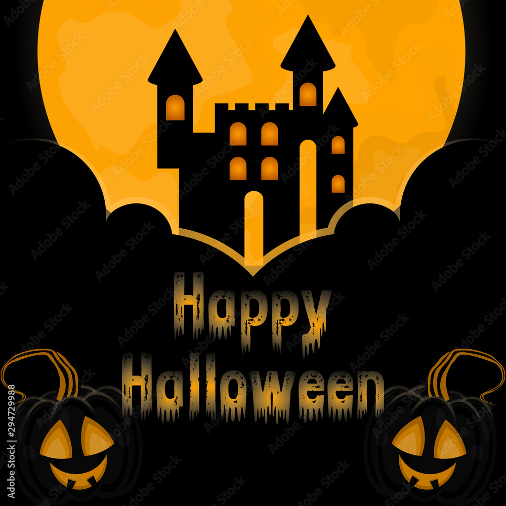Happy halloween card with a castle and scary pumpkins - Vector illustration