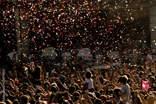 Holambra, Brazil - September 27, 2019: Crowd Receiving Traditional Flower Rain at Expoflora 2019 Party