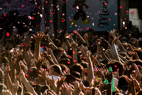 Holambra, Brazil - September 27, 2019: Crowd Receiving Traditional Flower Rain at Expoflora 2019 Party