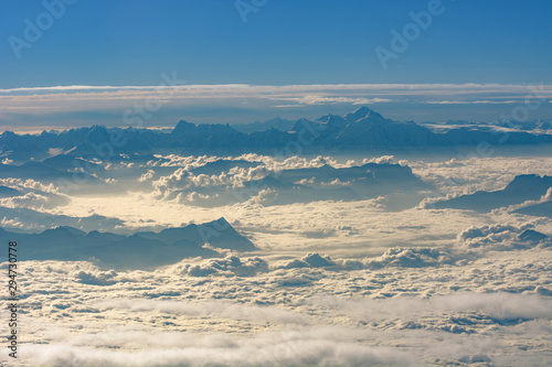 Aerial View from Airplane Above Alps Mountains Mont Blanc White Snow Europe