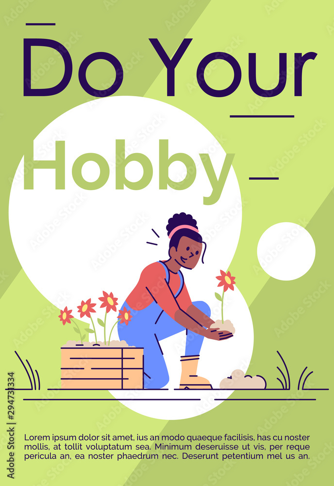 Vettoriale Stock Do your hobby brochure template. Flyer, booklet, leaflet  concept with flat illustrations. Vector page cartoon layout for magazine.  Woman planting flower. Motivational poster with text space | Adobe Stock