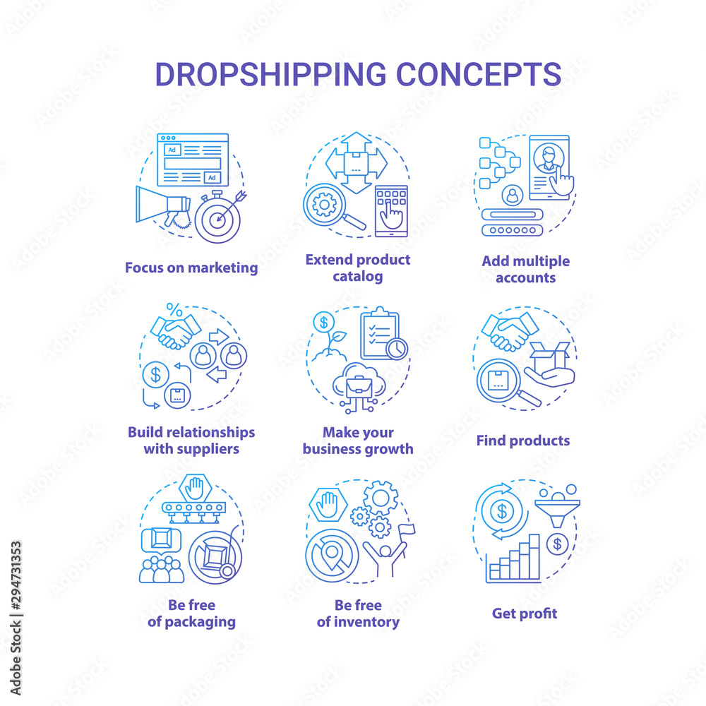Dropshipping blue concept icons set. Online delivery service idea thin line illustrations. Focus on marketing, find products, make your business growth, get profit. Vector isolated outline drawings