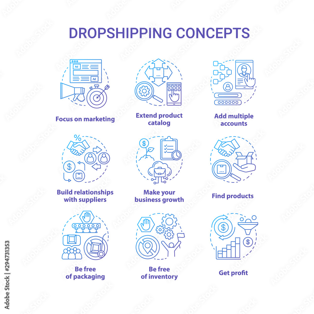 Dropshipping blue concept icons set. Online delivery service idea thin line illustrations. Focus on marketing, find products, make your business growth, get profit. Vector isolated outline drawings Dropshipping blue concept icons set. Online delivery service idea thin line illustrations. Focus on marketing, find products, make your business growth, get profit. Vector isolated outline drawings