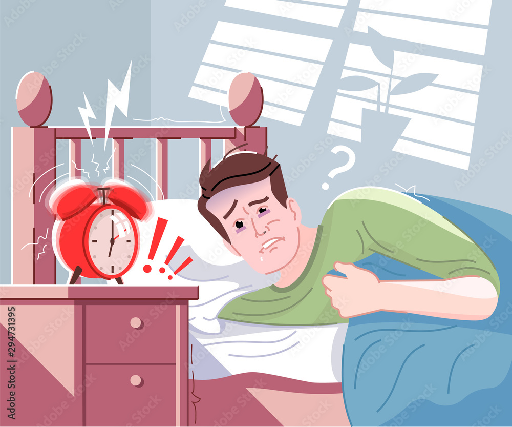Everyday morning stress flat vector illustration. Young man waking up early,  lying in bed and watching on ringing alarm clock cartoon character. Feeling  tired and having little energy to get up Stock