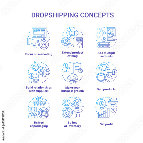 Dropshipping blue concept icons set. Online delivery service idea thin line illustrations. Focus on marketing, find products, make your business growth, get profit. Vector isolated outline drawings
