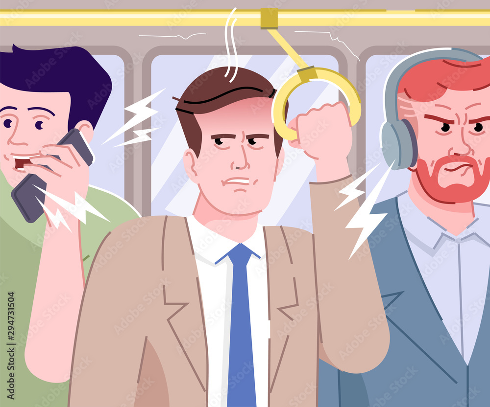 People make noise in bus flat vector illustration. Passengers speaking loud  and listening to music in public transport cartoon characters. Frustrated  and angry man. Stressful morning commuting Stock Vector | Adobe Stock