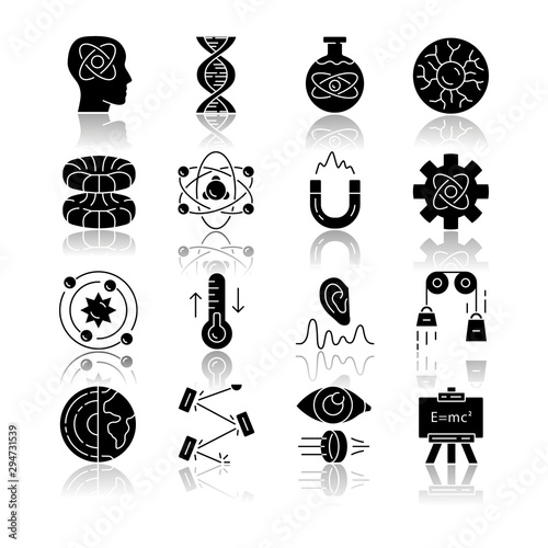 Physics branches drop shadow black glyph icons set. Physical processes and phenomenons. Classical, modern and quantum physics. Electromagnetism, thermodynamics. Isolated vector illustrations