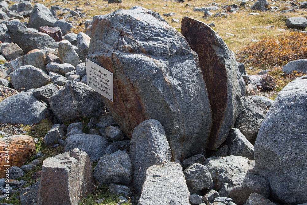 boulder split by the cyclic action of frost and refreezing boulder split by the cyclic action of frost and refreezing