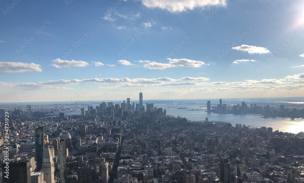 Aerial view of Manhattan skyline during winter, New York City