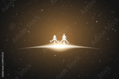 Couple on bicycles in space. Vector conceptual illustration with white silhouettes of two cyclists with legs apart. Yellow abstract background with stars and glowing outline