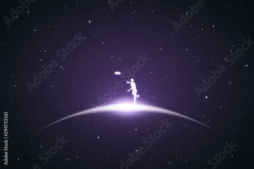 Playing frisbee in space. Vector conceptual illustration with white silhouette of man with flying plate. Violet abstract background with stars and glowing outline