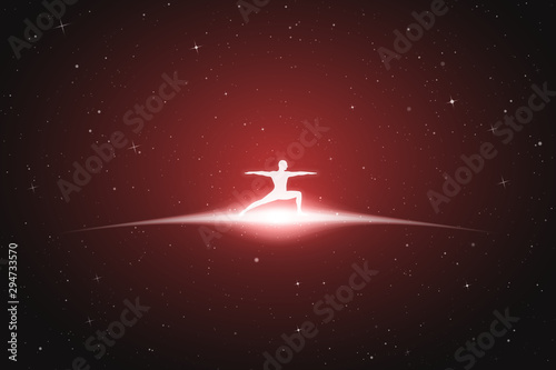 Lonely yogi in space. Vector conceptual illustration with white silhouette of meditating man. Red abstract background with stars and glowing outline