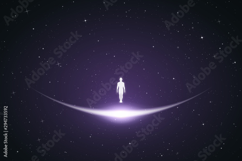 Lonely yogi in space. Vector conceptual illustration with white silhouette of yogi in pose of tadasana. Violet abstract background with stars and glowing outline