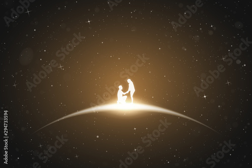 Lovers in space. Romantic marriage proposal. Vector conceptual illustration with white silhouette of loving couple. Yellow abstract background with stars and glowing outline