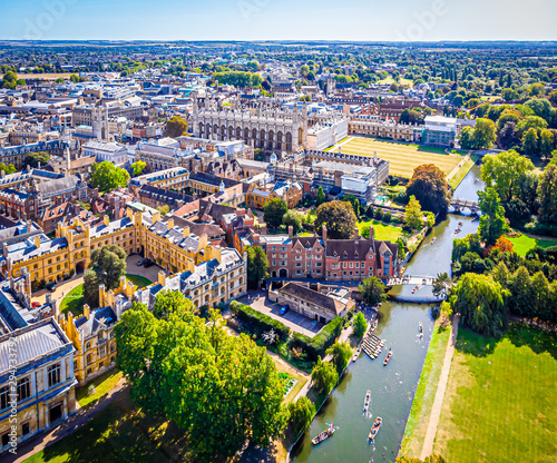 Aerial view of river Cam in Cambridge, United Kingdom photo