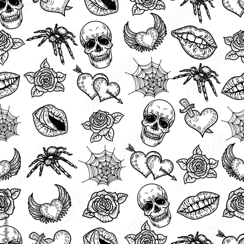 Hand drawn seamless pattern of pop art hearts ,lips, brocken heart, two hearts with arrow, heart with wings and heart punctured by sword, lips, mouth, roses, skull, spider, spider web.
