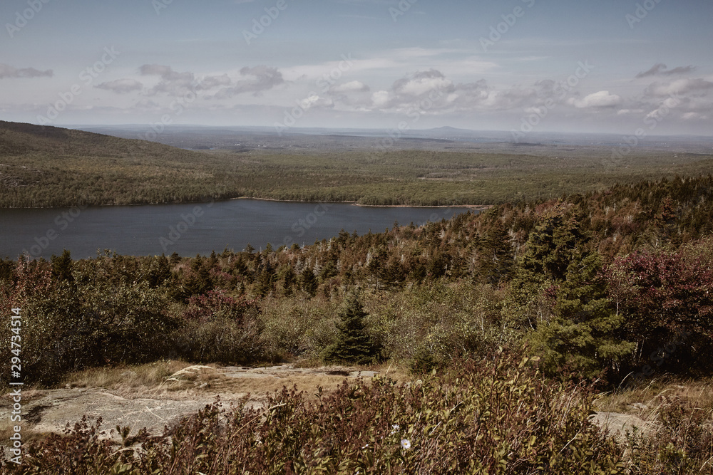 View of Jordan Pond from Cadillac Mountain in Acadia National Park on Mount Desert Island, Maine.  
