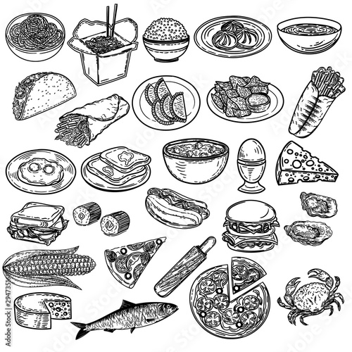 Vector hand drawn illustration of big set of food in the engraving style isolated on white background.