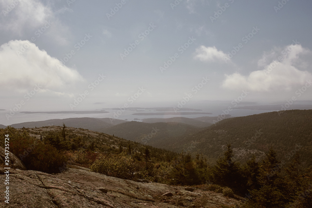 Fototapeta premium View of Maine coastline in the distance from Cadillac Mountain on Mount Desert Island in Acadia National Park
