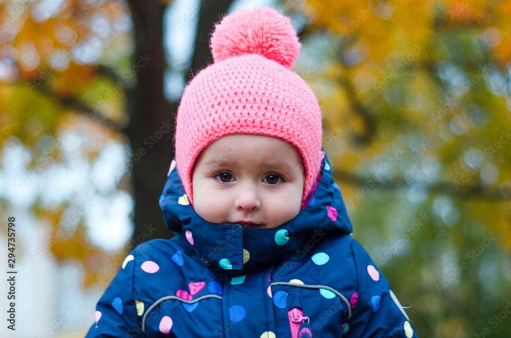 portret of cute little girl in pink hat with pompon on a background of trees in autumn. portret of cute little girl in pink hat with pompon on a background of trees in autumn.