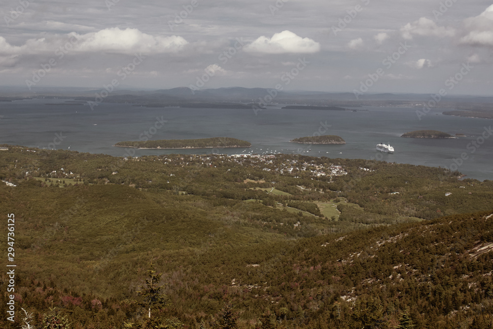 View from summit of Cadillac Mountain of Frenchman Bay at Acadia National Park in Mount Desert Island, Maine