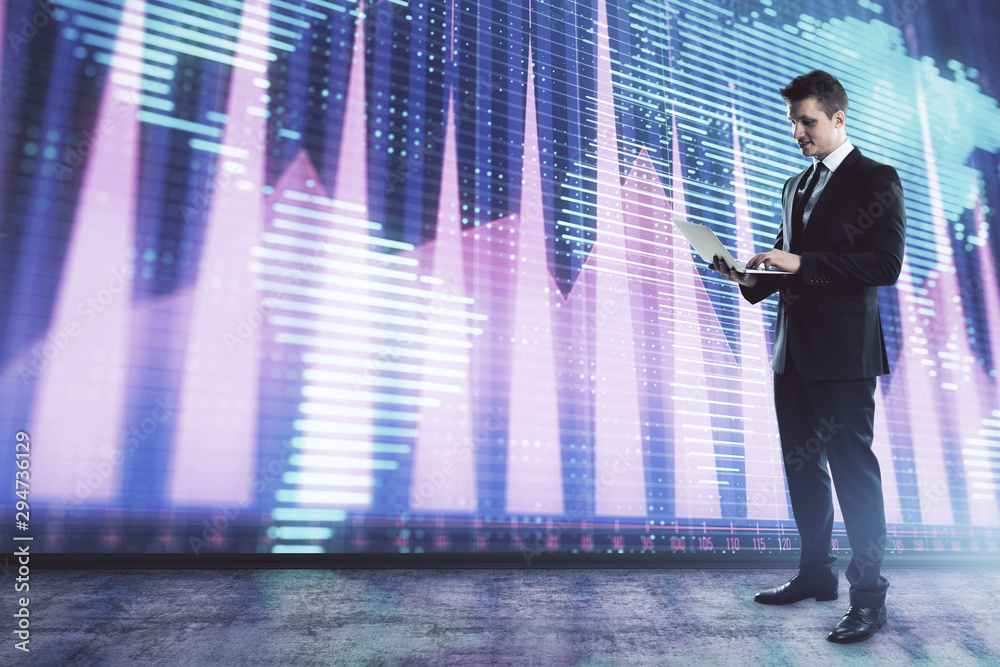 Fototapeta premium Businessman and forex graph and world map hologram. Double exposure. Concept of financial education and analysis