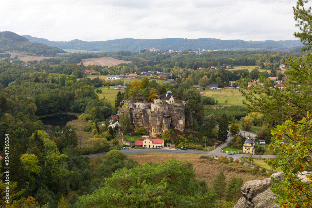 Impregnable medieval rock castle Sloup from the 13th century in Landscape of northern Bohemia, Czech Republic