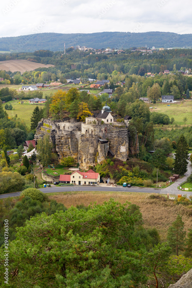 Impregnable medieval rock castle Sloup from the 13th century in Landscape of northern Bohemia, Czech Republic
