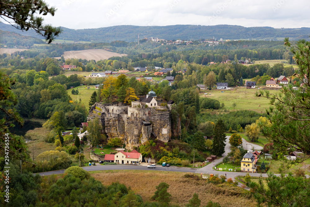 Impregnable medieval rock castle Sloup from the 13th century in Landscape of northern Bohemia, Czech Republic