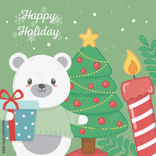 polar bear tree gift and candle celebration happy holiday poster