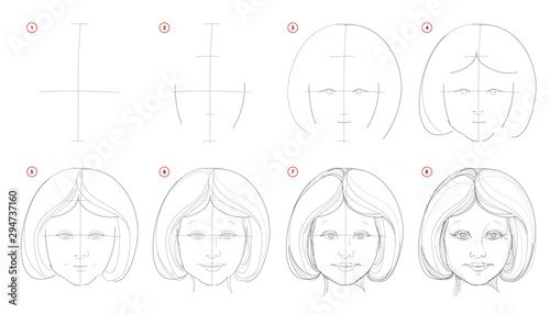 How to draw step-wise imaginary portrait of cute smiling little girl. Creation step by step pencil drawing. Educational page. School textbook for developing artistic skills. Hand-drawn vector image.