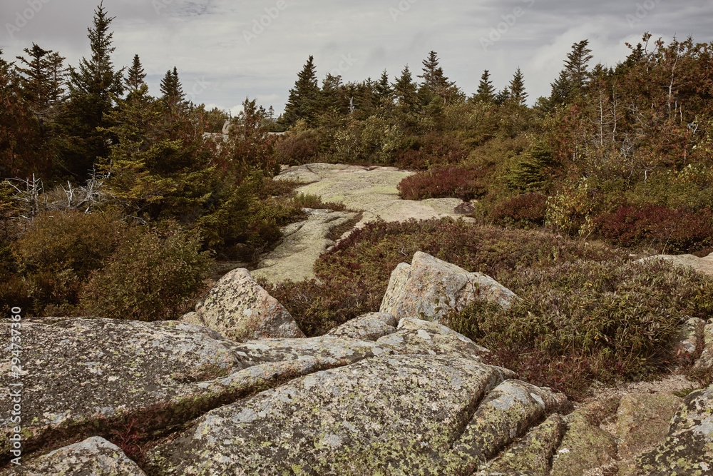 Hiking along granite bedrock on the summit of Cadillac Mountain in Acadia National Park on Mount Desert Island, Maine.