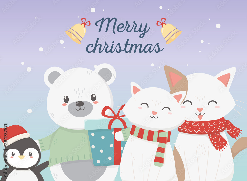 cute bear cats and penguin with gift celebration merry christmas poster