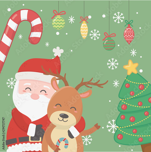 santa hugging reindeer tree candy cane balls celebration merry christmas poster