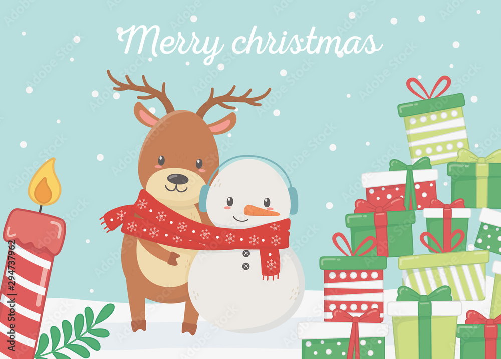 Fototapeta premium bear and snowman with scarf gifts celebration merry christmas poster