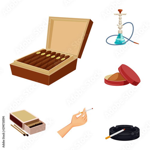 Vector design of cigarette and tobacco symbol. Set of cigarette and nicotine stock symbol for web.