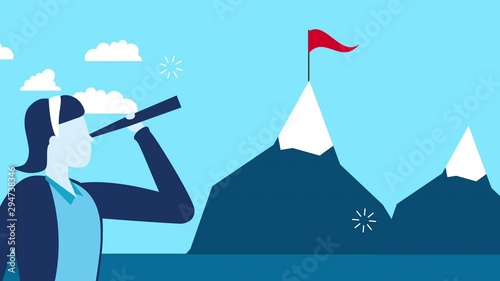businesswoman worker with telescope and mountains