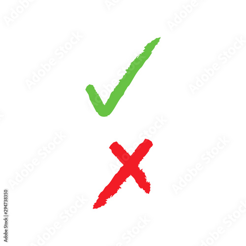 Checkmark icons doodles. Green tick and red x. 