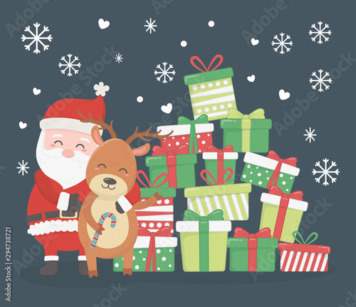 santa and reindeer with stack gifts celebration merry christmas poster