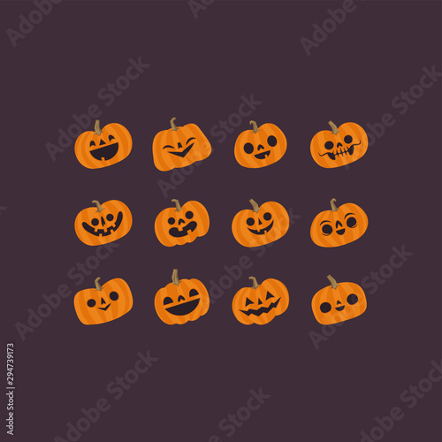 Halloween pumpkins cute vectors. Set of smiling and funny pumpkin illustrations.