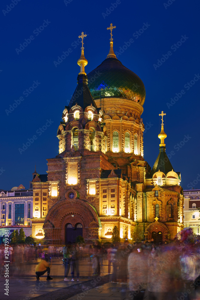 Saint Sophia Cathedral in Harbin city of China in night.