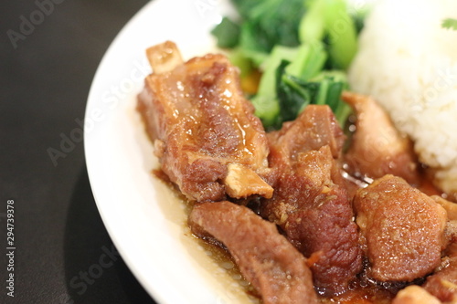 Stewed pork leg with rice and vegetable