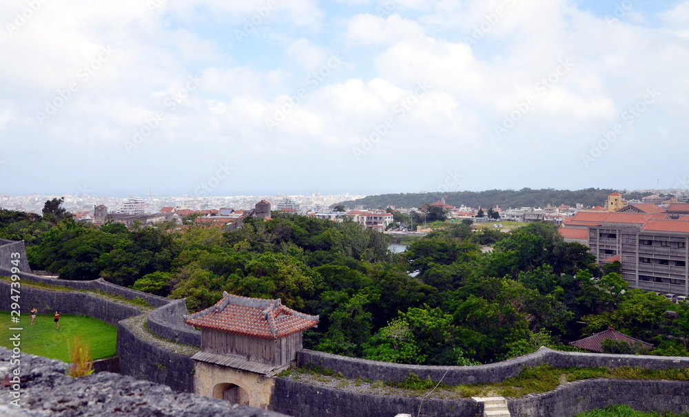 View at Naha city from the Shuri Castle in Okinawa, Japan. This historical site is one of the main tourist attraction of the island